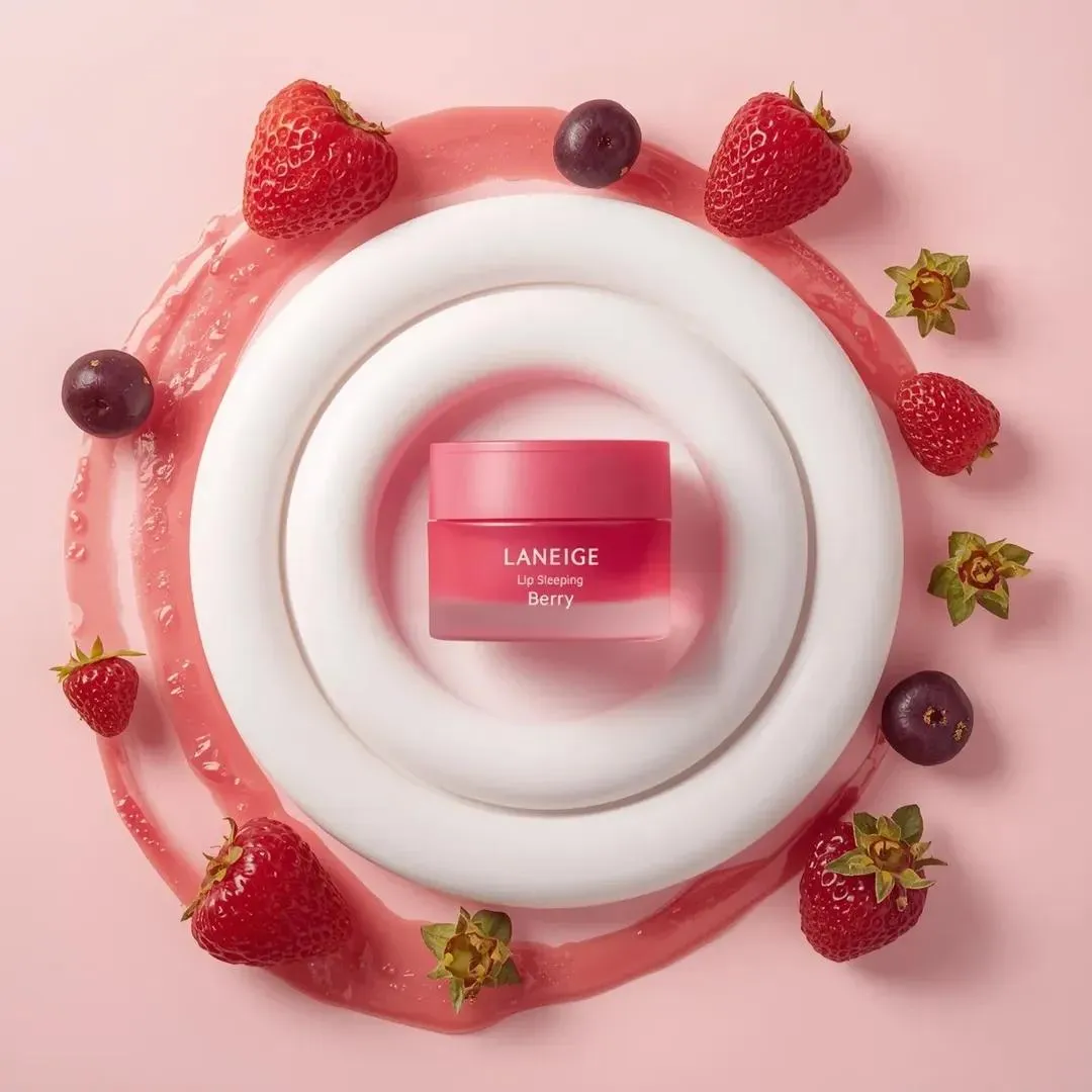 Промпт описывает баночку LANEIGE на белых взбитых сливках с красным ягодным сиропом и свежими ягодами. · пример 4