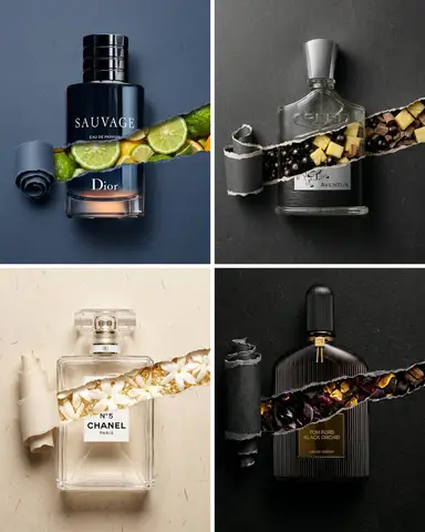 Синий стеклянный флакон Dior виден сквозь широкую полосу рваной бумаги с цитрусовой фактурой.