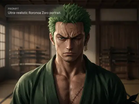 Пример к промпту для фотореалистичного портрета Roronoa Zoro.