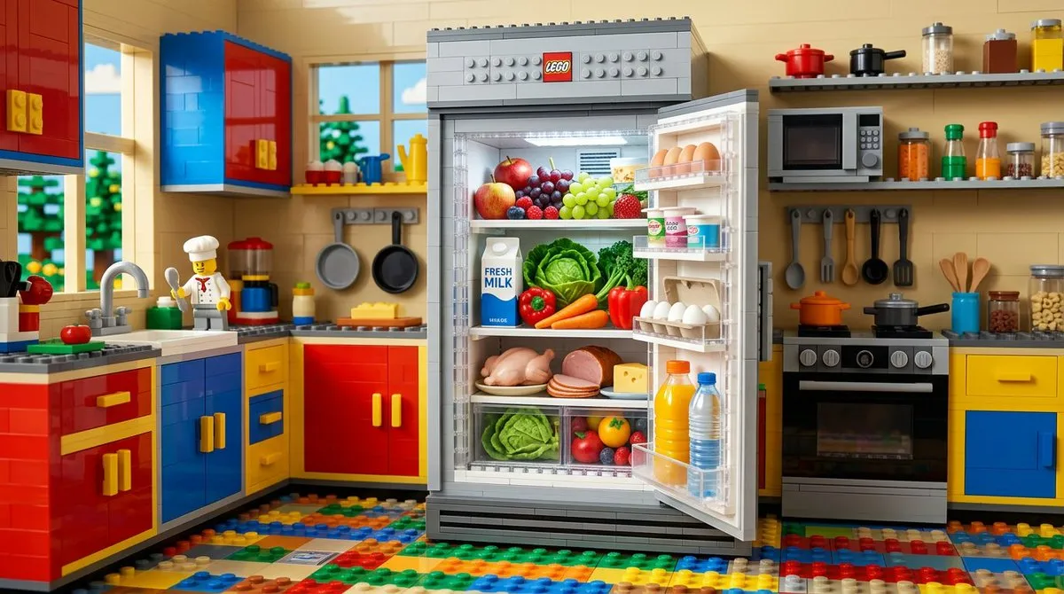 Пример промта для кухни из блоков Lego с настоящей едой в холодильнике. · пример 2