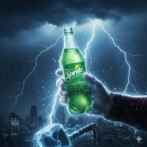 Описание JSON-промпта для постерной сцены с Thor, бутылкой Sprite и молниями.