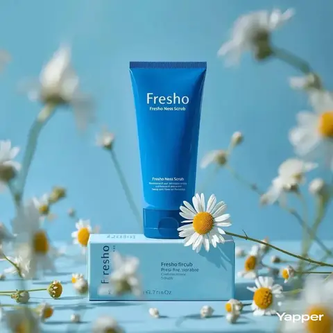 Синий тюбик Fresho стоит на коробке в тон на ярком синем студийном фоне.