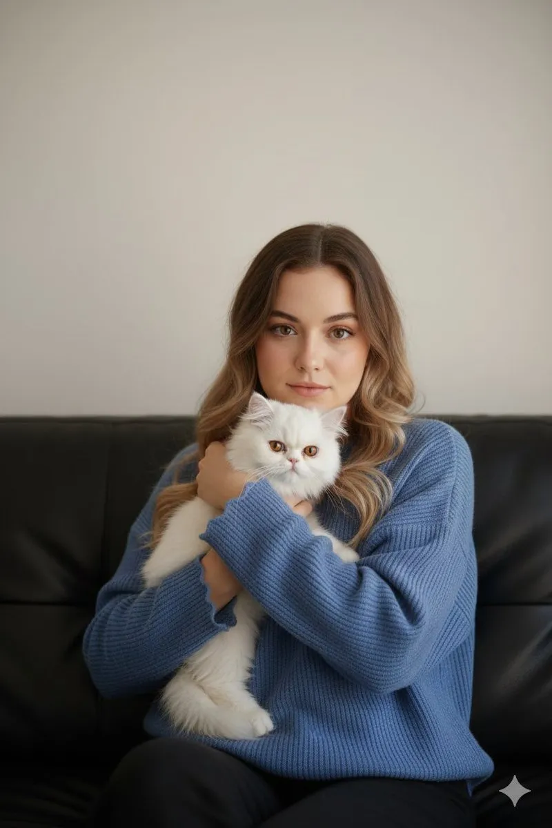 Промпт для портрета женщины, которая обнимает белую персидскую кошку. · пример 2