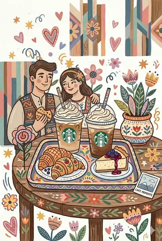 Пара в кафе делит поднос с кофе Starbucks, круассанами и чизкейком.