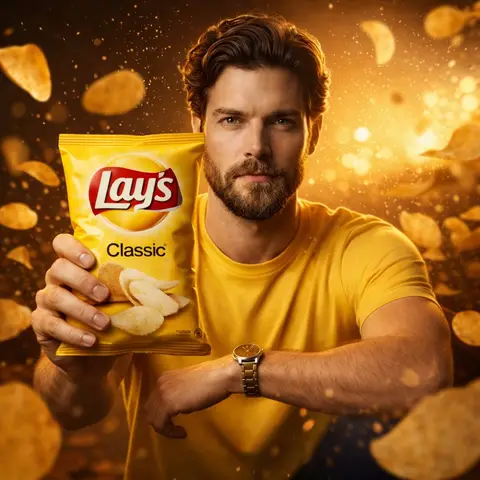 Мужчина держит пачку Lay’s на фоне разлетающихся в замедленном движении чипсов.