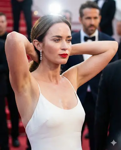 Пример к промпту для портрета Emily Blunt на красной дорожке со вспышкой.