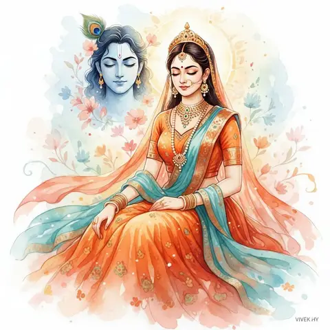 Пример мифологической иллюстрации с образами Radha и Krishna в мягкой акварельной палитре.