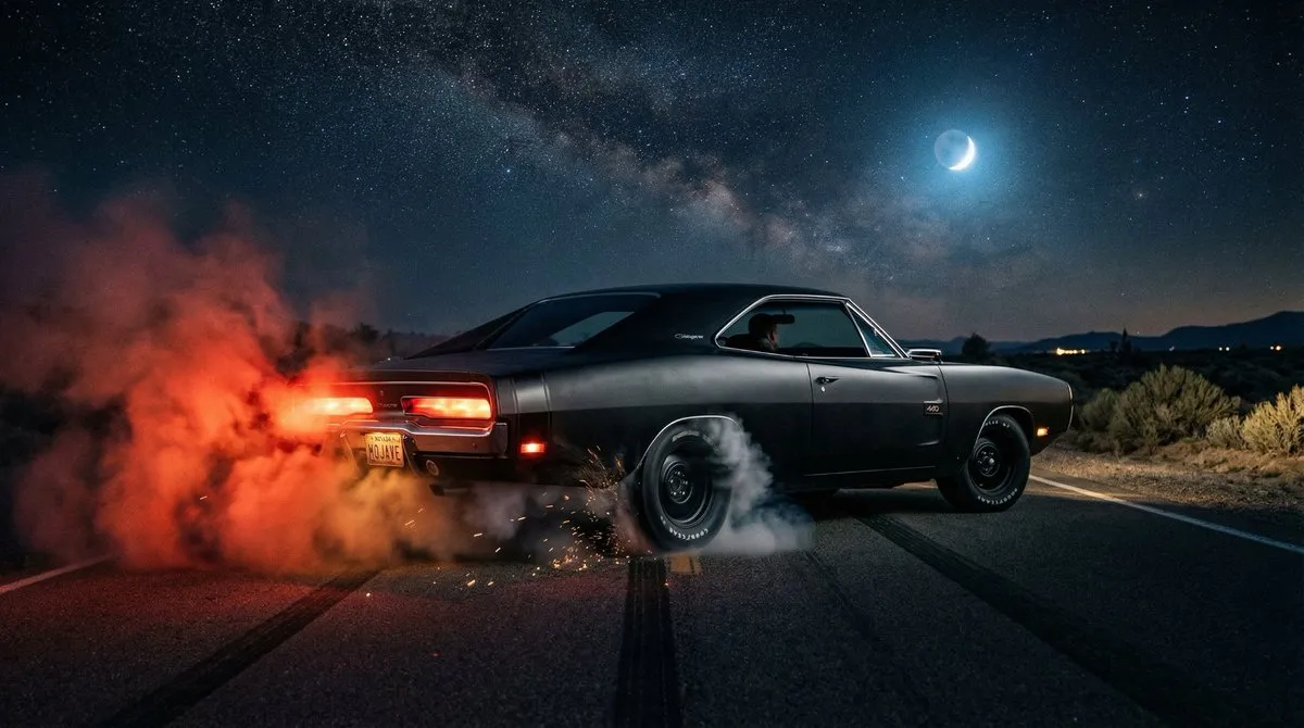 Чёрный матовый Dodge Charger 1970 года буксует на пустом шоссе; дым подсвечен красными фонарями и голубым светом луны. · пример 2