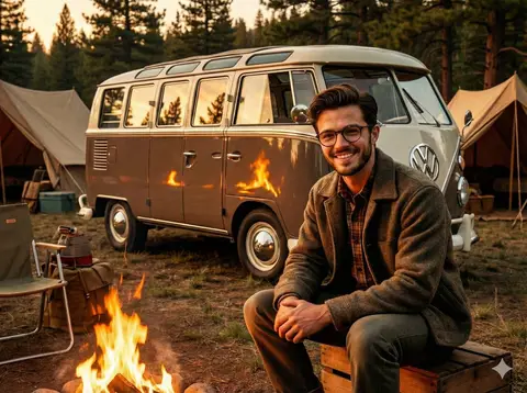 Пример кемпинга с автобусом VW Samba на 23 окна и светящимся костром.