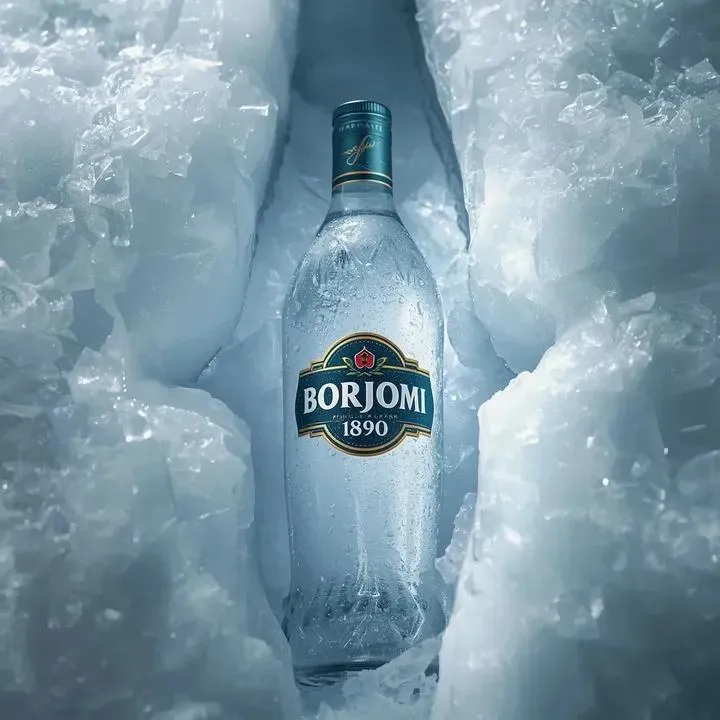 Промпт для предметной фотографии бутылки Borjomi в окружении льда и снега. · пример 3