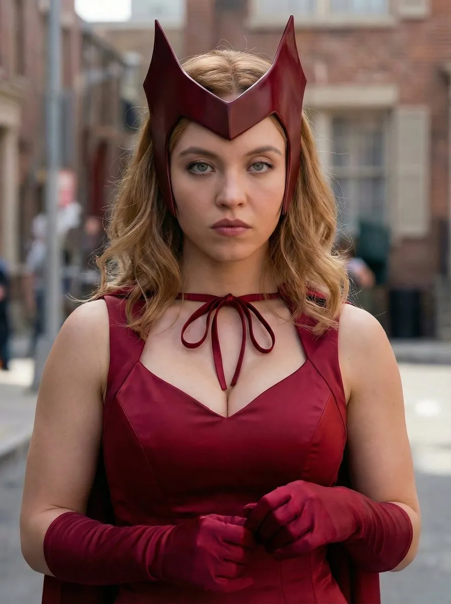 Пример промта для кинематографичного портрета Sydney Sweeney в алом костюме. · пример 2