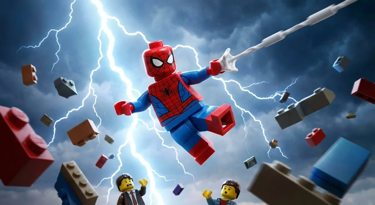 Пример к промпту о Человеке-пауке из LEGO в динамичной сцене с грозовым небом и минифигурками.