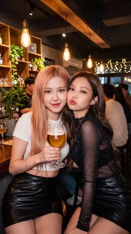 Текстовый JSON-промпт для селфи двух K-pop-айдолов в пабе.
