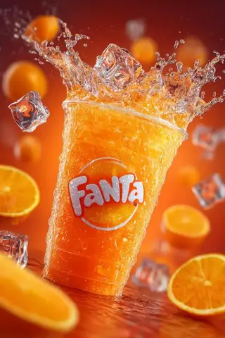 Стакан Fanta окружён брызгами газировки, кубиками льда и дольками апельсина.
