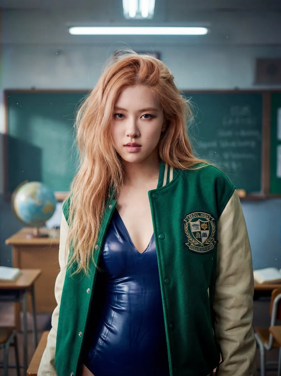 Пример к промпту: Розе из BLACKPINK в изумрудной университетской куртке стоит в атмосферном школьном классе в стиле 1980-х.