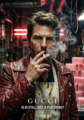 Пример промпта для индустриального портрета Tom Cruise с брендингом GUCCI