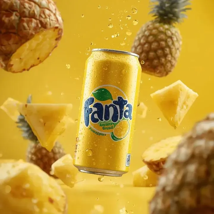 Промпт для рекламной фотографии жёлтой банки Fanta с ломтиками ананаса в воздухе. · пример 2