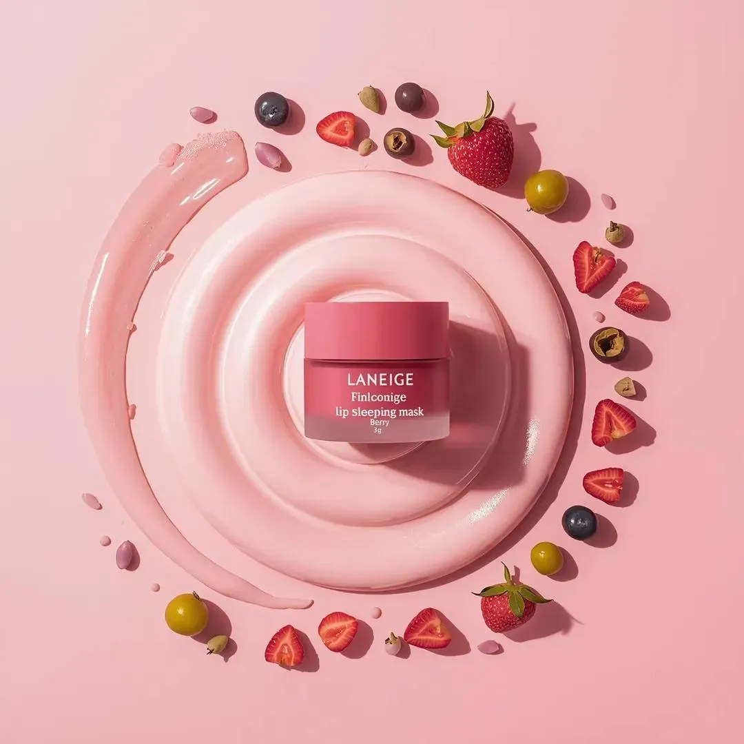 Промпт описывает баночку LANEIGE на белых взбитых сливках с красным ягодным сиропом и свежими ягодами. · пример 2