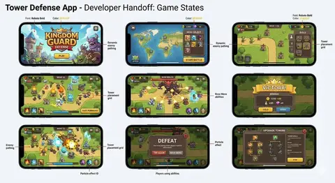 Сетка 3×2 из экранов iPhone с разными состояниями мобильной игры.