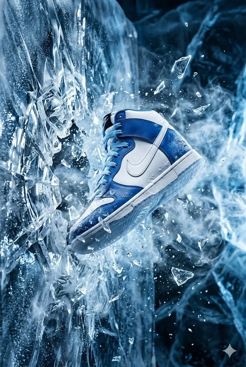 Кроссовок Nike Dunk пробивает кристаллическую стену, вокруг застыли осколки и клубится холодный пар. · пример 2