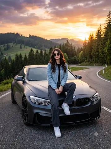 Пример промпта для портрета женщины на капоте BMW M4 на фоне горной дороги на закате.