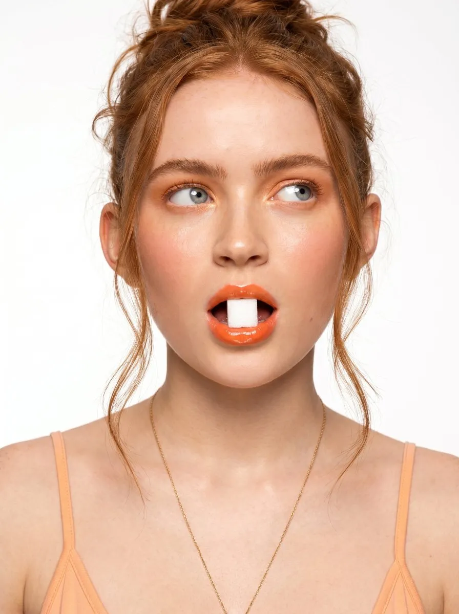 Пример JSON-промпта для игривого бьюти-портрета с кубиком сахара между зубами. · пример 2