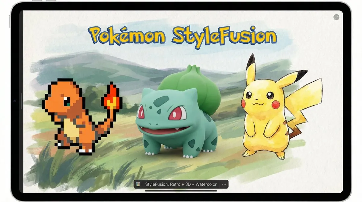 Пример иллюстрации Pokémon, объединяющей пиксельную графику, 3D и акварель.