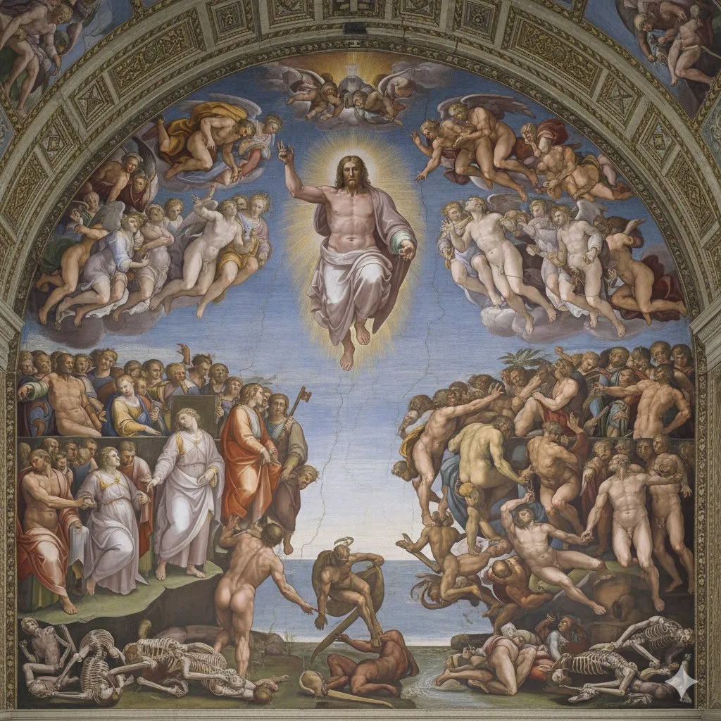 Изображение создаётся в стиле фрески Микеланджело «Страшный суд». · пример 2