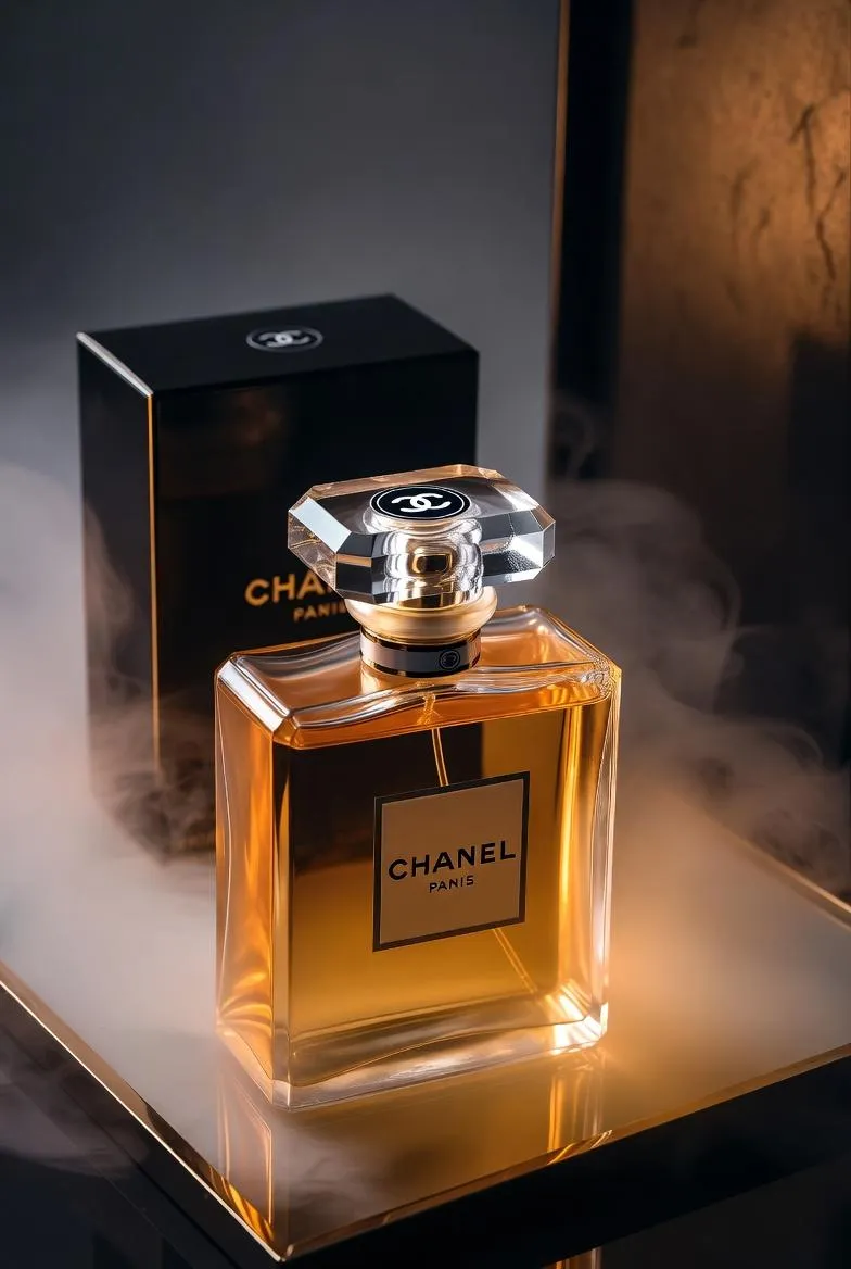 Флакон духов Chanel стоит на зеркальной поверхности в мягком тумане и тёплом свете. · пример 2
