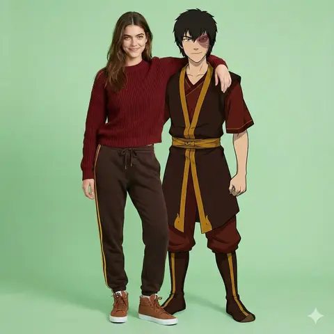 Человек позирует, обняв огромную двухмерную фигуру Зуко из Avatar: The Last Airbender