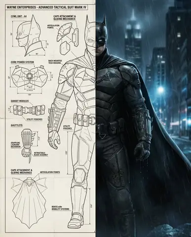 Пример промпта для изображения Batman с техническим чертежом и кинопортретом.