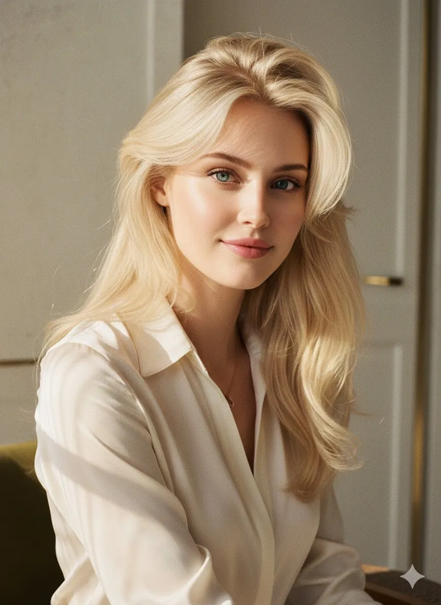 Пример промпта для редакционного портрета в роскошном интерьере при золотом свете.