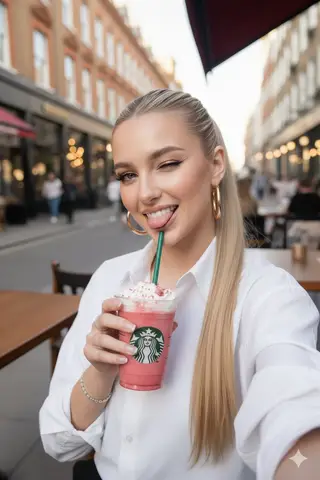 Промпт для селфи со стаканом Starbucks на фоне солнечной террасы кафе.