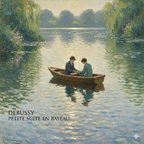 Визуализация музыкальной сюиты в стиле Monet с ярко-синей водой.