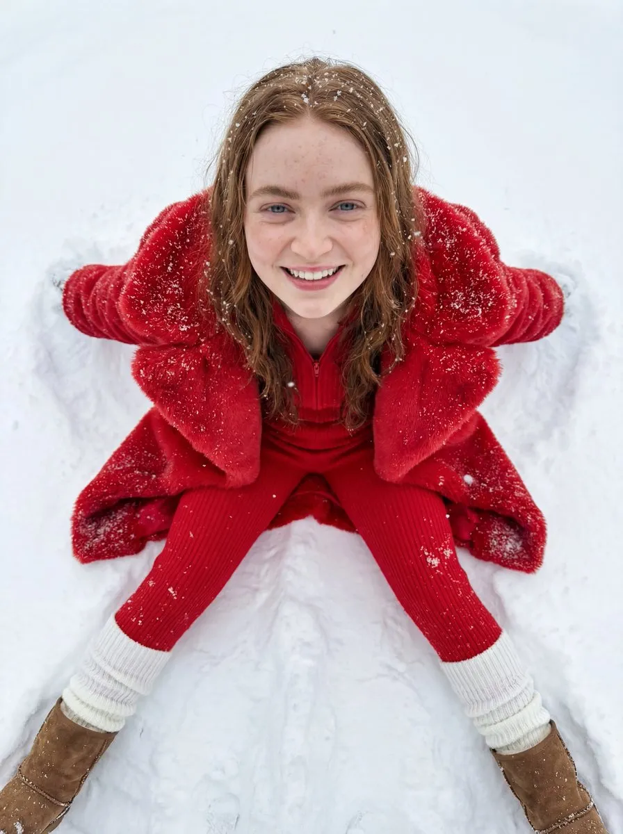 Sadie Sink лежит в глубоком снегу в красном вязаном комбинезоне и меховой шубе. · пример 2