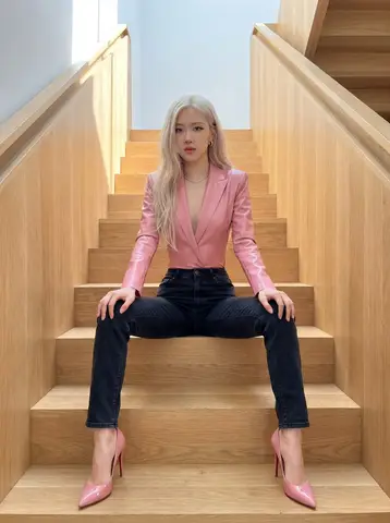 Пример промпта для портрета Rosé в розовом образе на современной лестнице.