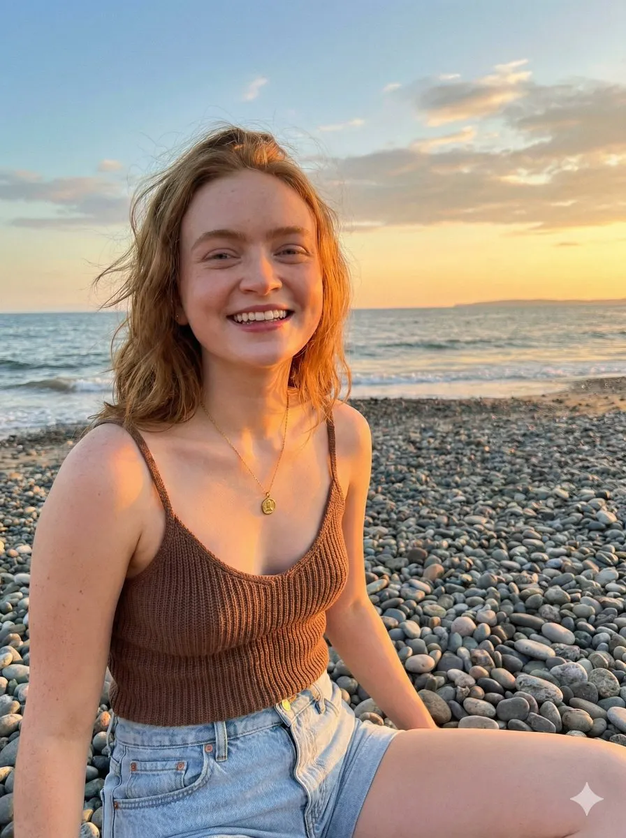 Sadie Sink сидит на галечном пляже в коричневой майке и светлых джинсовых шортах на фоне закатного неба. · пример 2