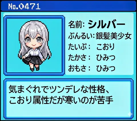 Персонаж показан в оформлении иллюстрированного справочника Pokémon Zukan.