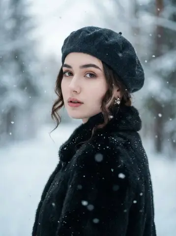 Женщина в тёмном берете и меховом пальто на фоне заснеженного леса.