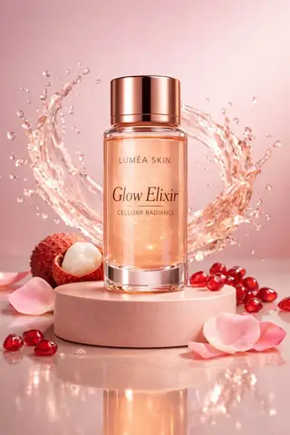 Янтарный флакон LUMÉA SKIN Glow Elixir на розовом пьедестале среди лепестков роз и личи.