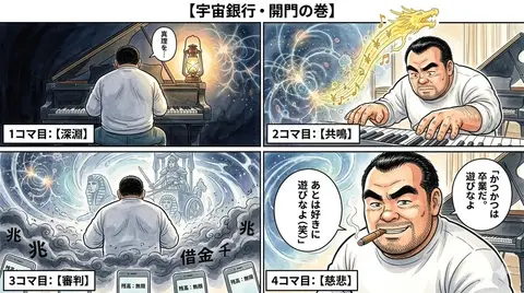 Текстовый материал для манги о валютной эмиссии и бесконечном балансе.