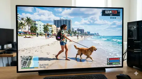 Пример реалистичного кадра GTA 6 на мониторе с персонажем и собакой на пляже.