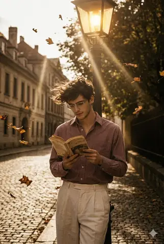Тёмноволосый юноша читает книгу под уличным фонарём в ветреную погоду.