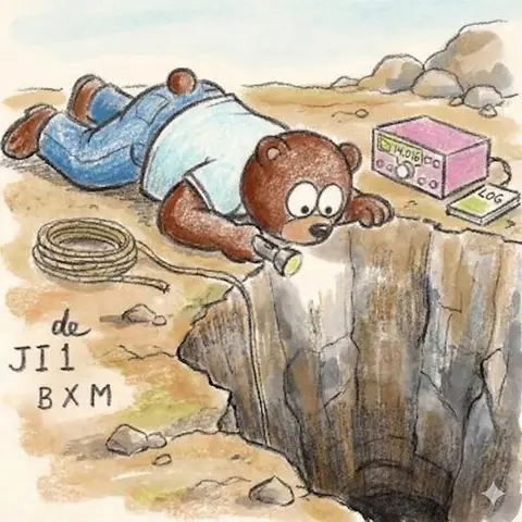 Промпт для медведя, заглядывающего в глубокую яму
