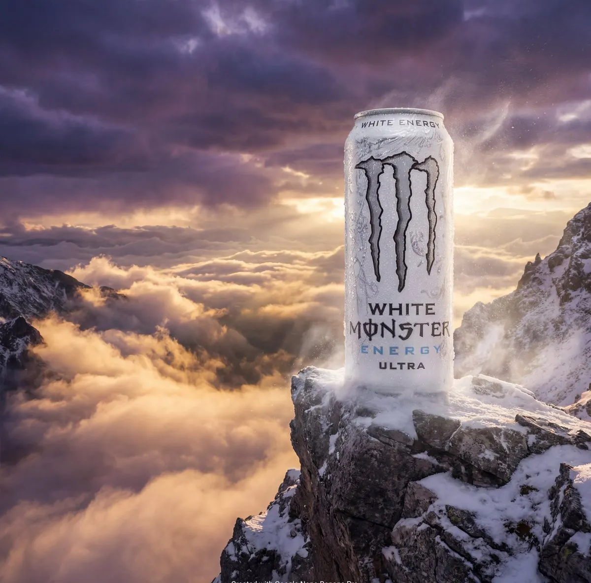 Пример промпта для рекламного кадра банки White Monster Energy Ultra на горном пике.