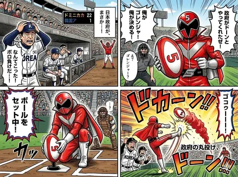 Пример четырёхпанельной манги с командой Super Sentai, регбийным мячом и крупным взрывом.