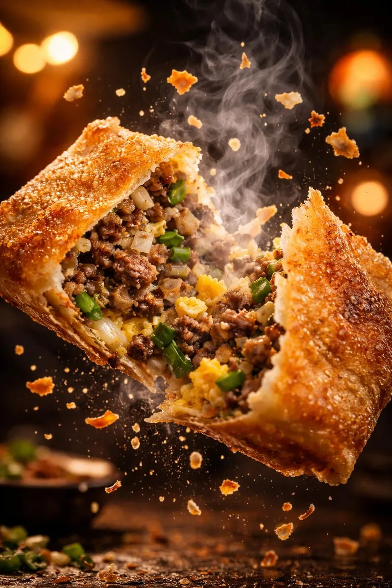 Пример раскрывающегося Martabak Telur с начинкой из говядины, лука и яйца. · пример 2