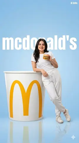 Женщина в белом держит бургер рядом с ведром McDonald’s на синем градиентном фоне.