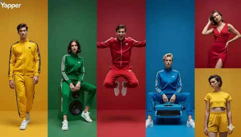 Шесть моделей в разноцветной спортивной одежде позируют в отдельных цветных панелях.