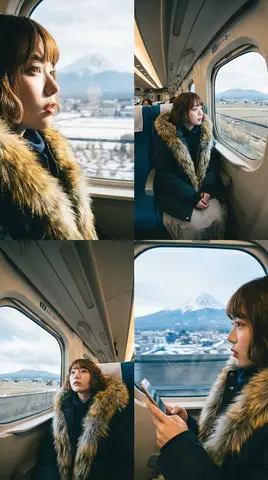 Пример промпта для четырёх вариантов вида изнутри Shinkansen в заданной точке.